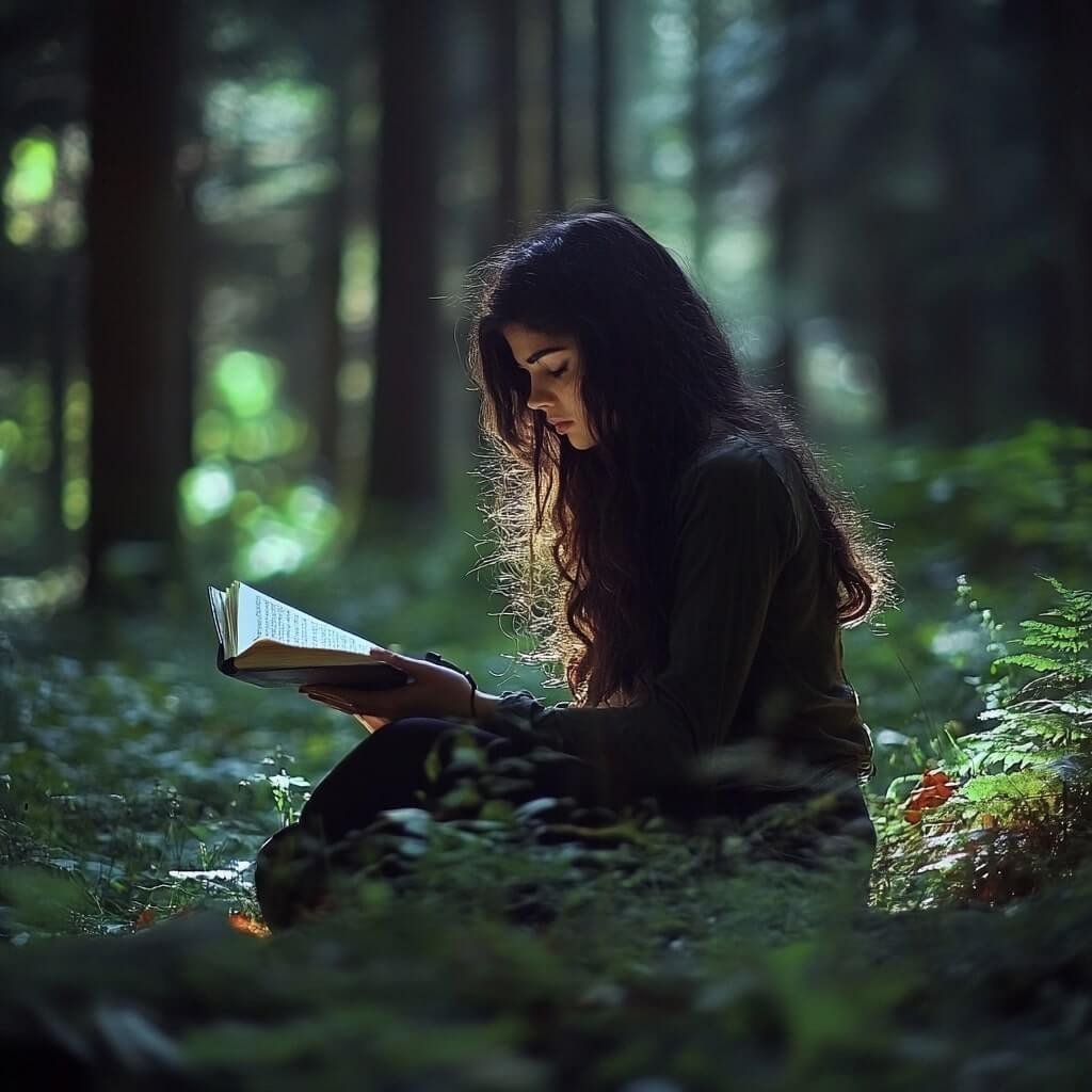 girl sitting in forest reading a book