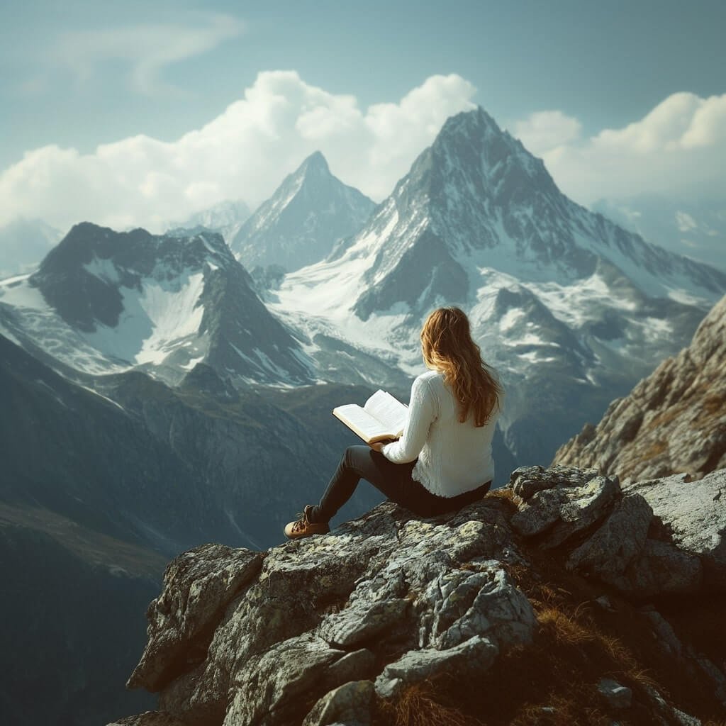 fantasy book hub girl sitting on rock reading a book overlooking mountains