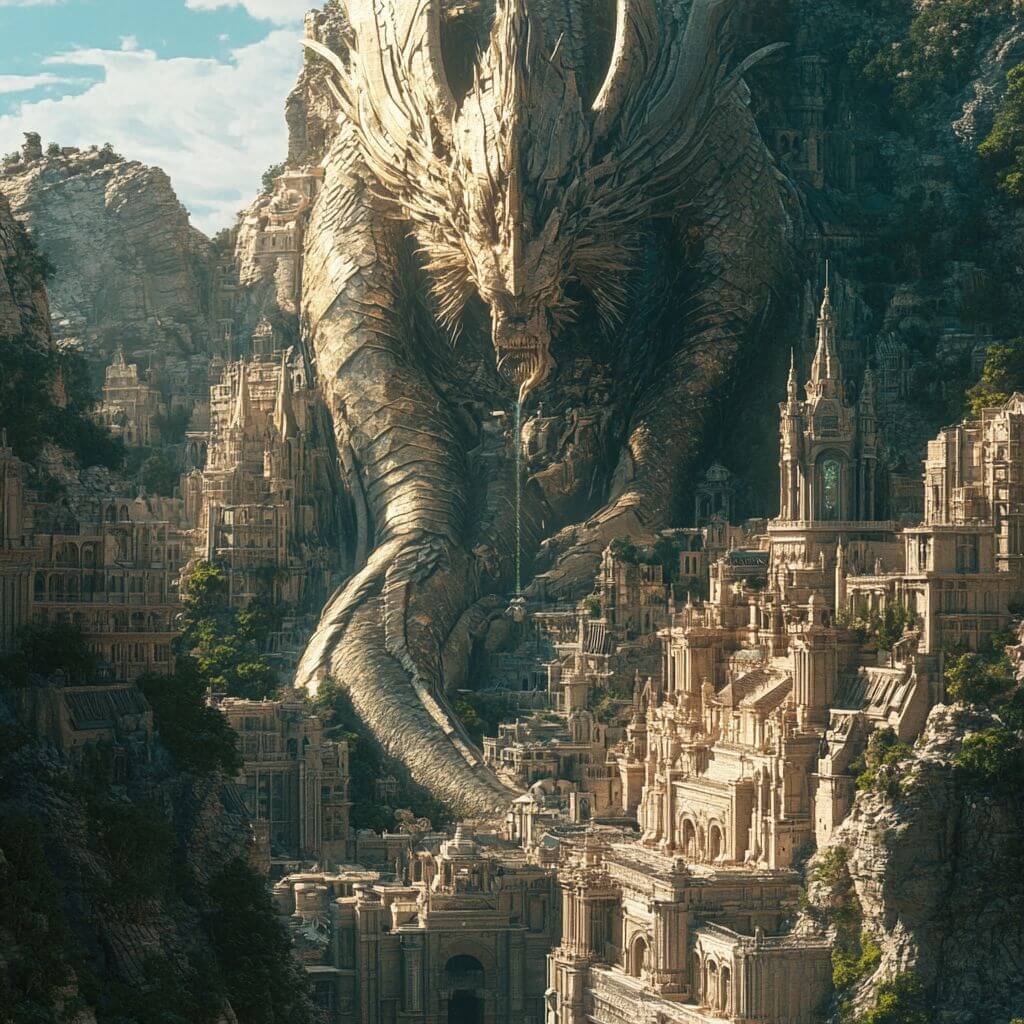 ancient city with giant dragon statue